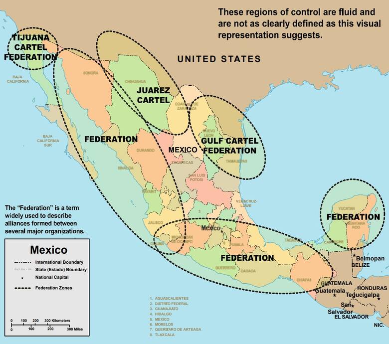 Tak wyglądała mapa wpływów karteli w 2007 roku, gdy władze Meksyku dopiero zaczynały strategię dekapitacji (uderzania w liderów), co doprowadziło do