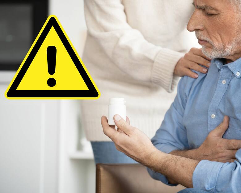 Starszy mężczyzna chwyta się za serce i trzyma w ręku lek oraz znak ostrzeżenia