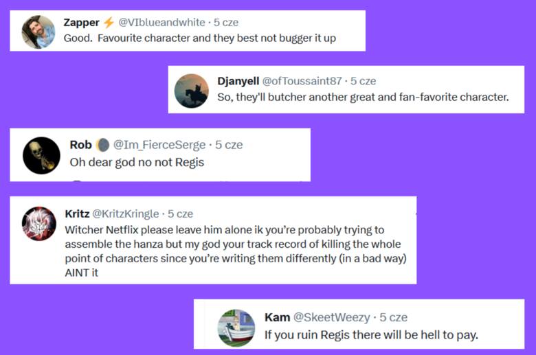 Kilka komentarzy z serwisu Twitter odnośnie Regisa w serialu Wiedxmin