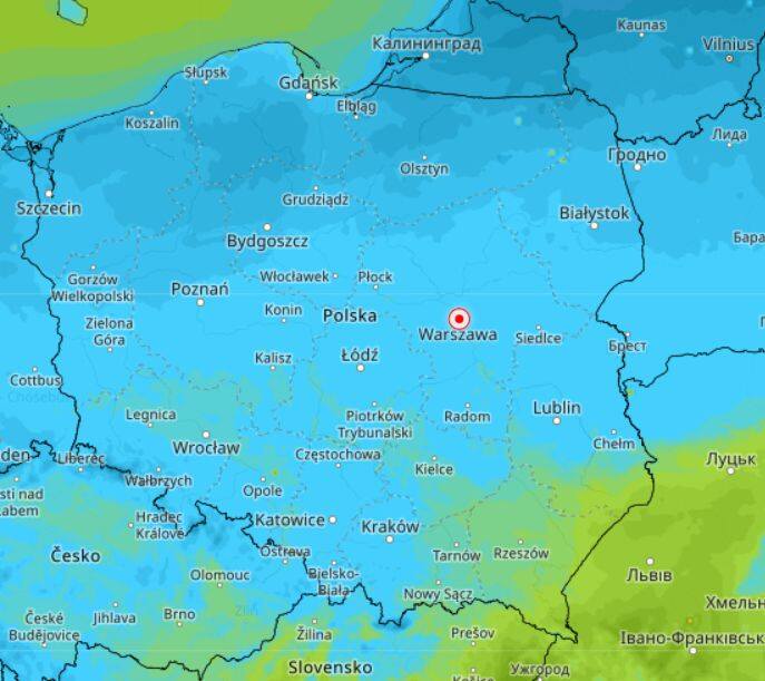 Przewidywalna mapa temperatur dla Polski na sobotę 10.12