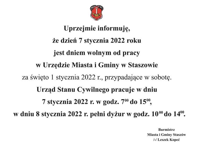 Urząd Miasta i Gminy w Staszowie nieczynny w piątek 7 stycznia. Pracownicy mają wolne za święto w sobotę