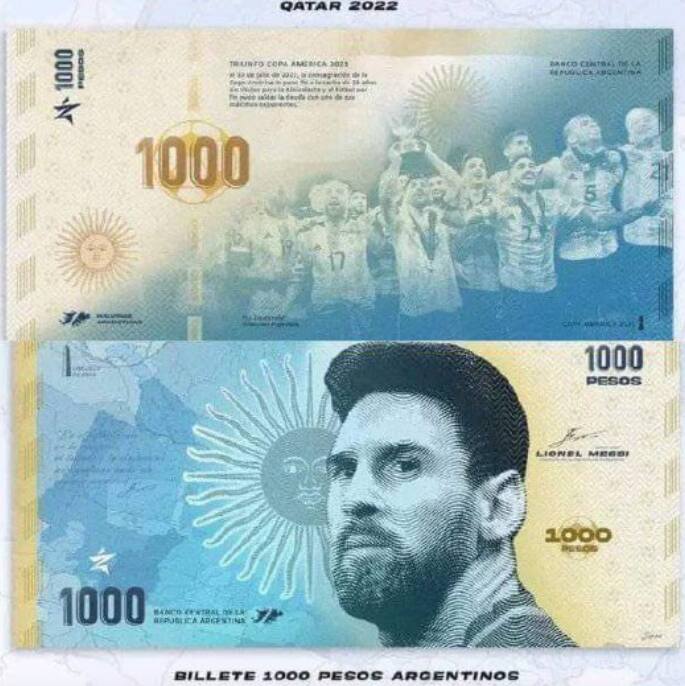 Awers i rewers banknotu1000 peso upamiętniającego zwycięstwo w mundialu 2022 w Katarze