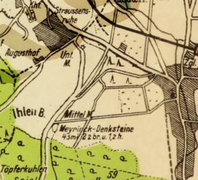 Mapa z zaznaczonym miejscem, gdzie wznosił się pomnik Meyrinck-Denksteine w Puszczy Bukowej.