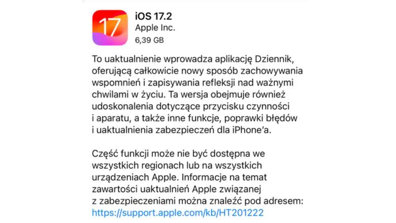 Aktualizacja iOS 17.2