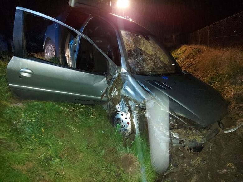 W miejscowości Wielopole, w powiecie dąbrowskim pijany kierowca Peugeota wjechał do rowu. Wszyscy jadący samochodem zostali ranni.Fot. Policja