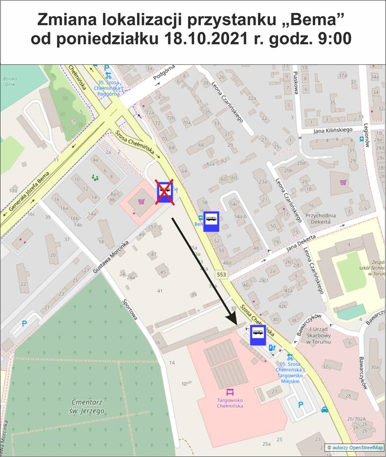 Toruń. Zmiana lokalizacji przystanku autobusowego na Bema