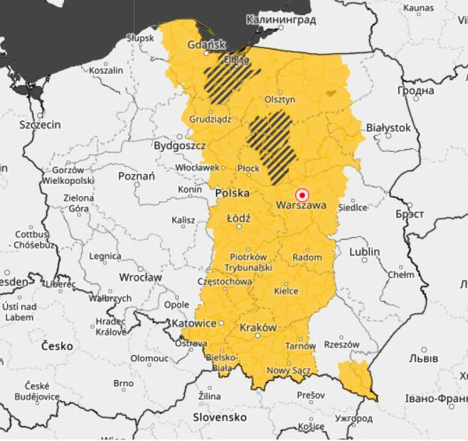 Obszar zaznaczony na żółto zagrożony jest burzami z gradem.