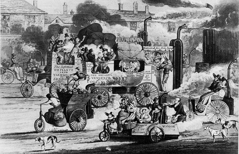 Pierwsze dyliżanse parowe pojawiły się w Anglii na początku XIX w. i  już wówczas obawiano się skutków masowej "motoryzacji". Rysunek