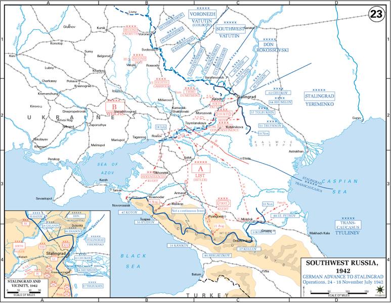 Mapa natarcia na Stalingrad w latem i jesienią 1942 r.