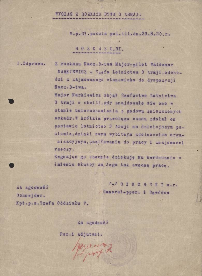 Jeden z dokumentów, jakie pozostały po majorze pilocie Władysławie Waldemarze Narkiewiczu - ze sztabu armii generała Sikorskiego