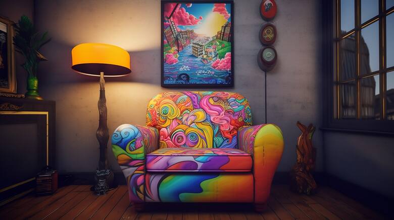 wnętrze salonu z kolorowym fotelem i lampą