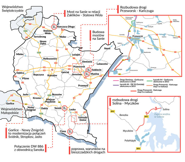 Zobacz mapę inwestycji drogowych realizowanych przez Podkarpacki Zarząd Dróg Wojewódzkich
