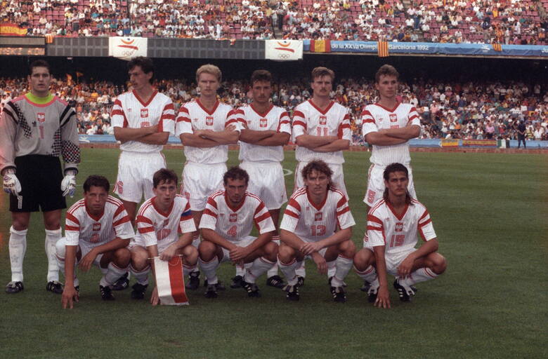 8 sierpnia 1992.Finał olimpijski Barcleona: Hiszpania - Polska. od lewej stoją: Aleksander Kłak (bramkarz), Dariusz Gęsior, Tomasz Łapiński, Wojciech