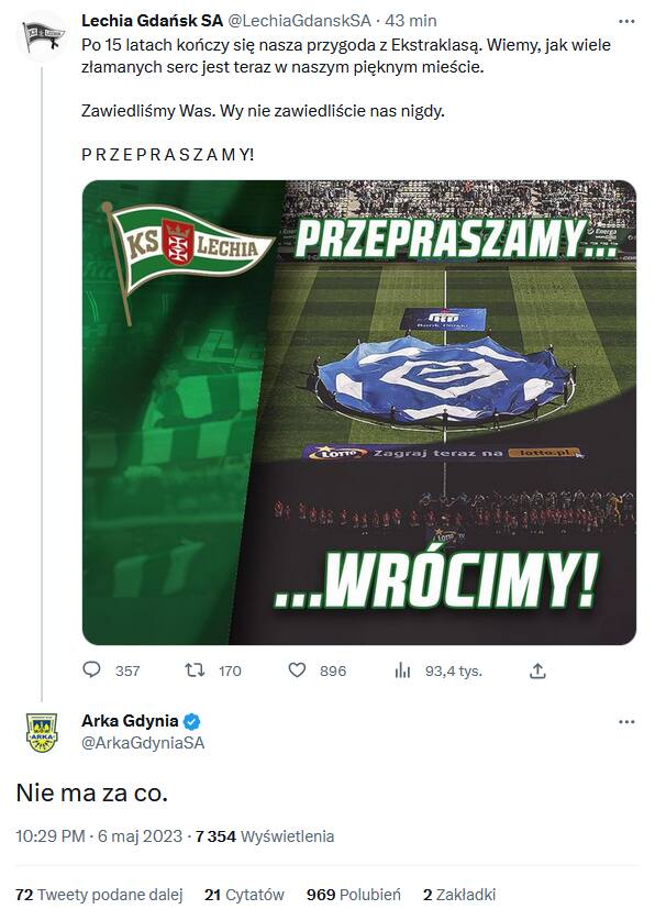 Arka Gdynia zakpiła ze spadku Lechii Gdańsk do 1 ligi. Krótki, wymowny komentarz
