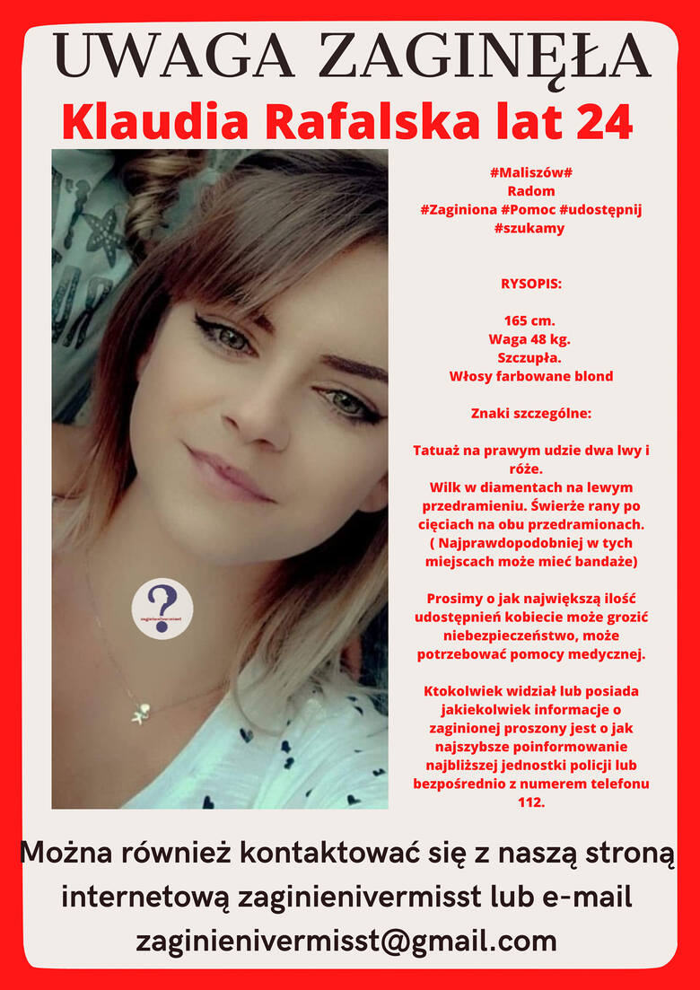 Klaudia Rafalska zaginęła w poniedziałek, 18 lipca. Od tego czasu nie ma z nią żadnego kontaktu.