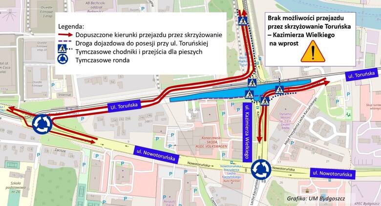 Tak od poniedziałku będzie wyglądała organizacja ruchu w okolicy ulic Toruńskiej, Nowotoruńskiej i Kazimierza Wielkiego.