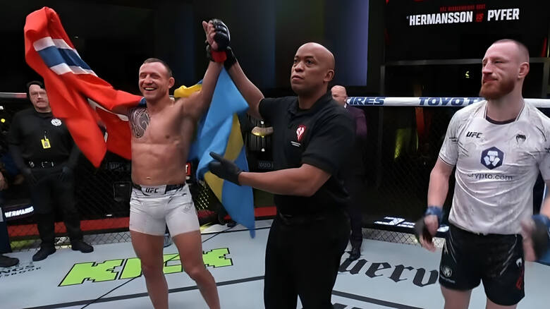 Zwycięski Jack Hermansson i pokonany Amerykanin Joe Pyfer w walce wieczoru gali UFC Fight Night 236 w Las Vegas