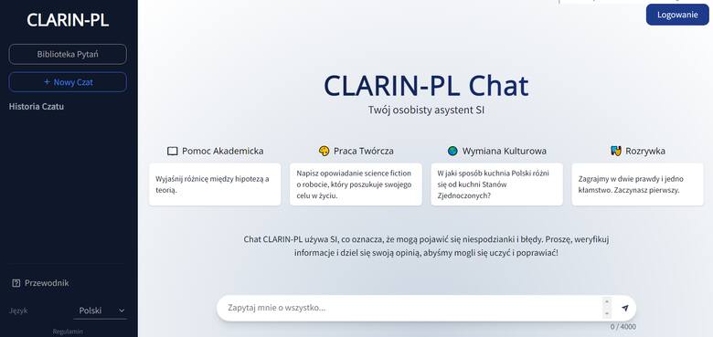 Tak wygląda okienko dialogowe polskiego projektu CLARIN-PL Chat