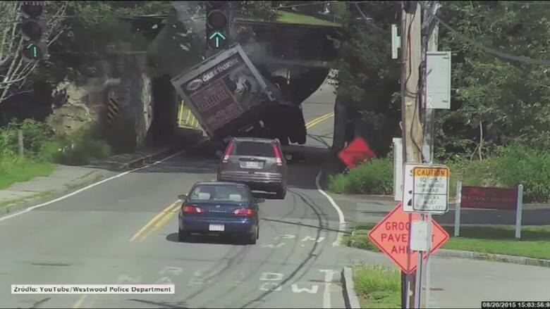 Kamera monitoringu zarejestrowała groźne zderzenie ciężarówki z mostem. Do spektakularnego wypadku doszło w Westwood, w stanie Massachusetts / Fot.