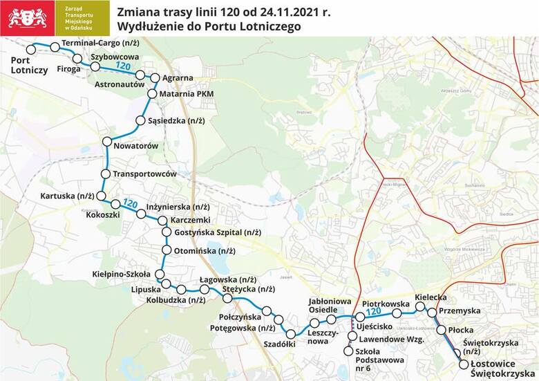Trasa gdańskiej linii autobusowej 120 zostanie przedłużona do Portu Lotniczego Gdańsk. ZTM wprowadził również zmiany na innych liniach