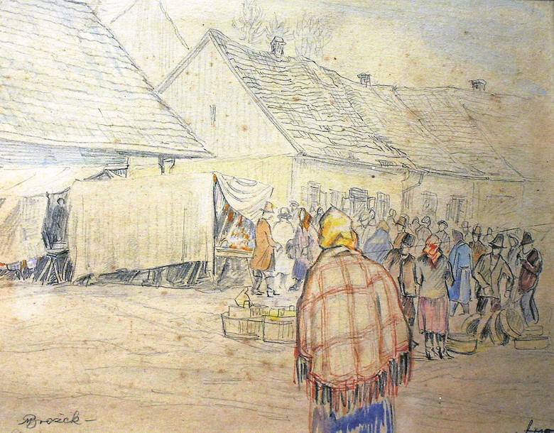 Obrazek Maksymiliana Brożka przedstawiający stragany na limanowskim rynku podczas jarmarku. Rysunek znajduje się w zbiorach Regionalnego Muzeum Ziemi