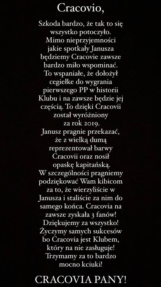 List żony Janusza Gola do kibiców Cracovii