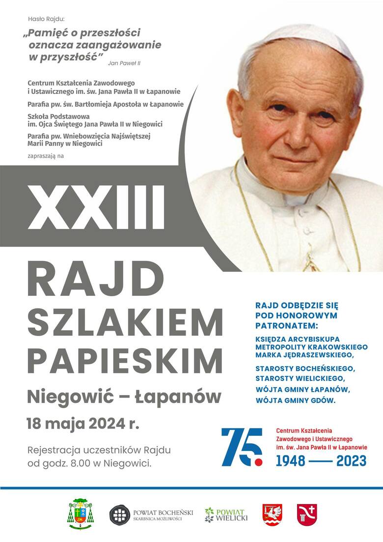 W sobotę Rajd Szlakiem Papieskim z Niegowici do Łapanowa, wyruszy w 104. urodziny Karola Wojtyły
