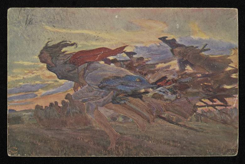Czarownice lecą na sabat - pocztówka z pierwszej połowy XX wieku, wykonana na podstawie obrazu nieznanego autora<br /> 