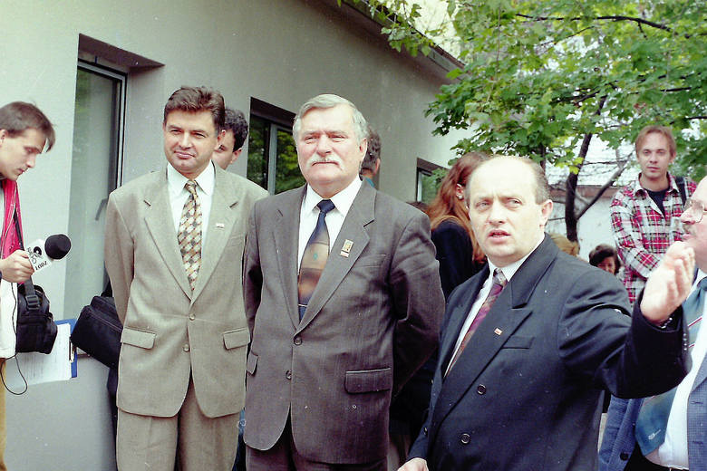 Lech Wałęsa w Łodzi, obok Marian Krzaklewski i Janusz Tomaszewski