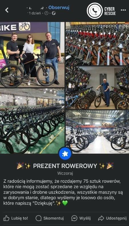 Ostrzeżenie przed fałszywym konkursem rowerowym na Facebooku! Możemy stracić pieniądze