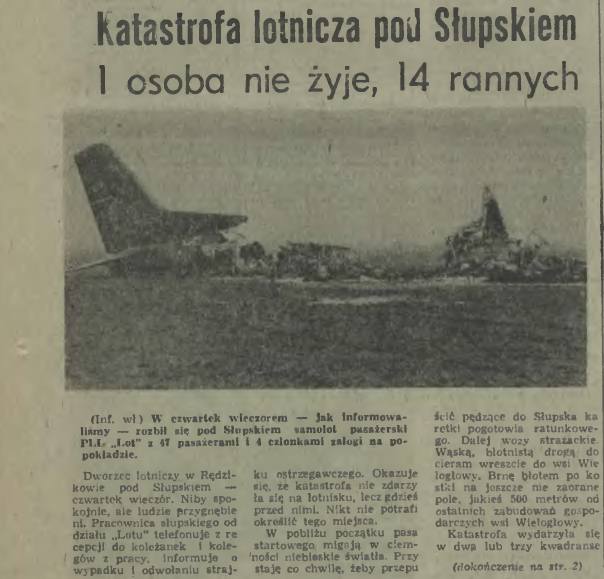 Artykuł z Głosu Pomorza z 28 marca 1981 roku z informacją o katastrofie.