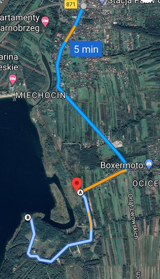 Mapka z trasą dojazdu na miejsce Run Fit nad Jeziorem Tarnobrzeskim