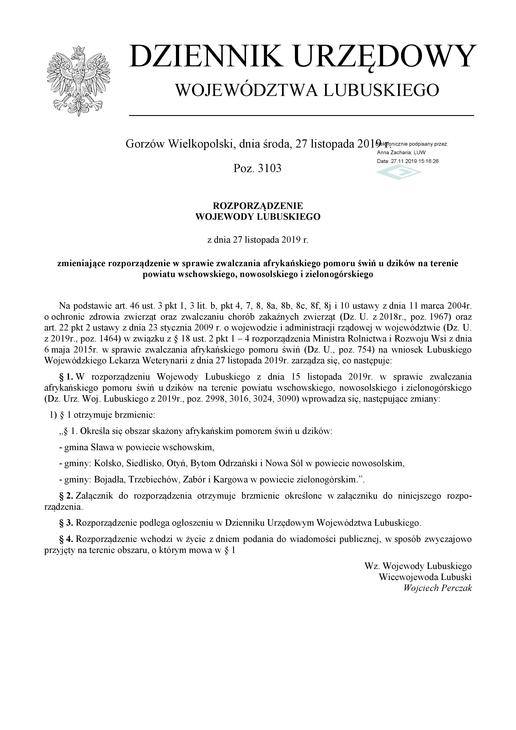 Wojewoda Lubuski 26 listopada wydał kolejne rozporządzenie związane z ASF.