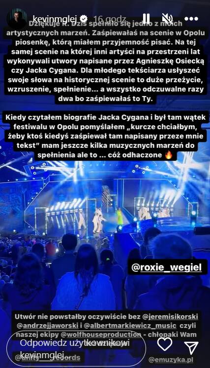 Roksana Węgiel na Festiwalu w Opolu zaśpiewała piosenkę napisaną przez Kevina Mgleja. Wzruszony narzeczony dziękuje gwieździe