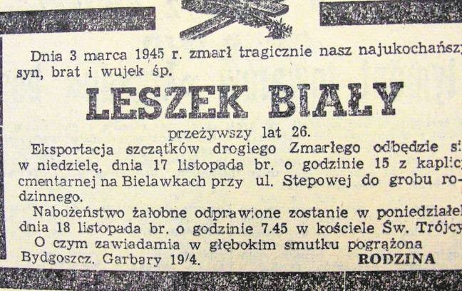 14 listopada 1957 r. w IKP ukazał się nekrolog o śmierci Leszka Białego i pogrzebie, który odbył się trzy później.