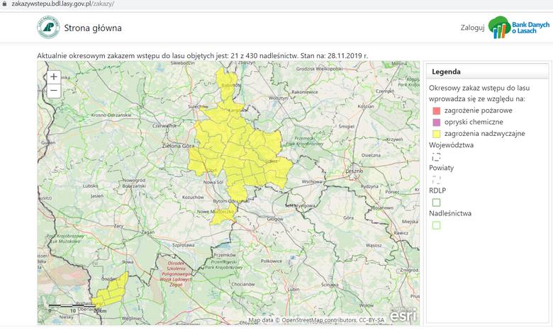 Mapa zakazu wstępu do lasu z dnia 28 listopada 2019 r.Portal zakazywstepu.bdl.lasy.gov.pl na bieżąco aktualizuje mapę.