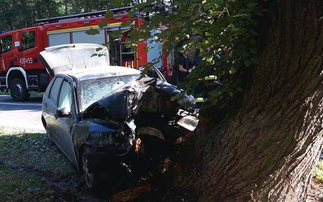 Gostyń: 20-letni kierowca uderzył samochodem w drzewo. Auto stanęło w płomieniach