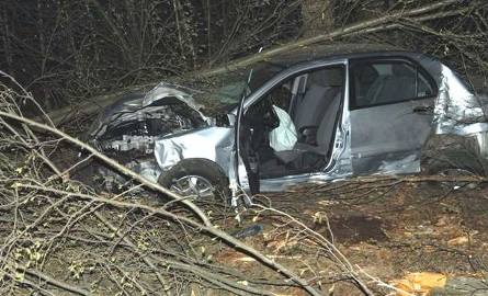 O krok od tragedii - kierowca omijał pieszego, wylądował w drzewach. Jego auto jest doszczętnie rozbite (zdjęcia)