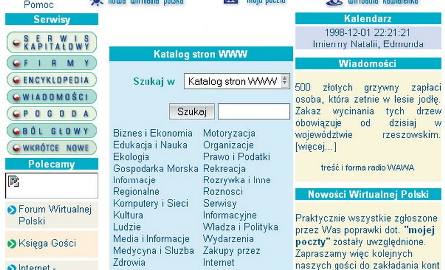 1 grudnia 1998 roku. Wirtualna Polska w wersji niemal tekstowej. Uwagę zwracają nowoczesne, jak na tamte czasy, zaokrąglone elementy głównego menu. Centralne