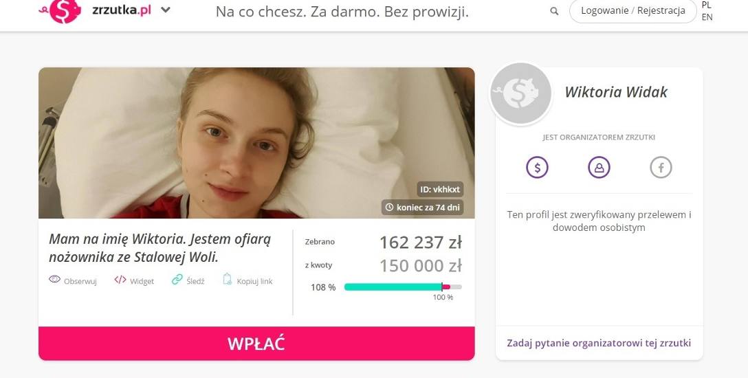 Wiktoria ze Stalowej Woli zbiera pieniądze na leczenie i rehabilitację na serwisie zrzutka.pl.