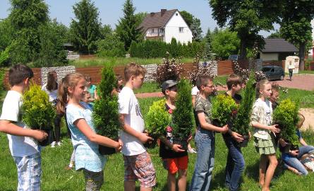 Przed szkołą w piątek posadzono dziesięć drzewek. Każdą tuję uczniowie osobiście przynosili w miejsce, gdzie była sadzona.