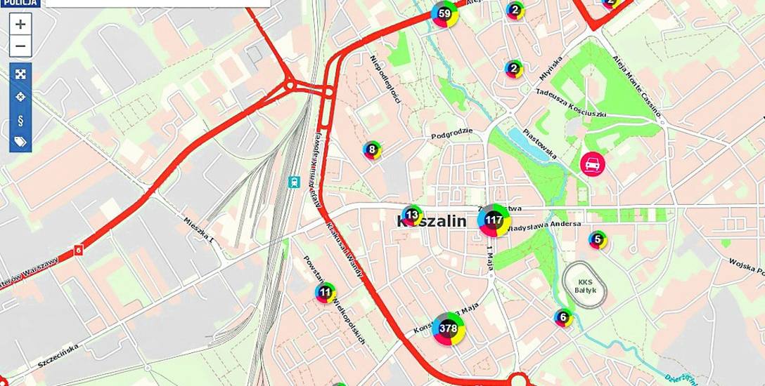 Tak wygląda aktualna interaktywna mapa zagrożeń dla Koszalina. Gdzie ją znaleźć? Pod  adresem:  http://zachodniopomorska.policja.gov.pl/sz/aktualnos