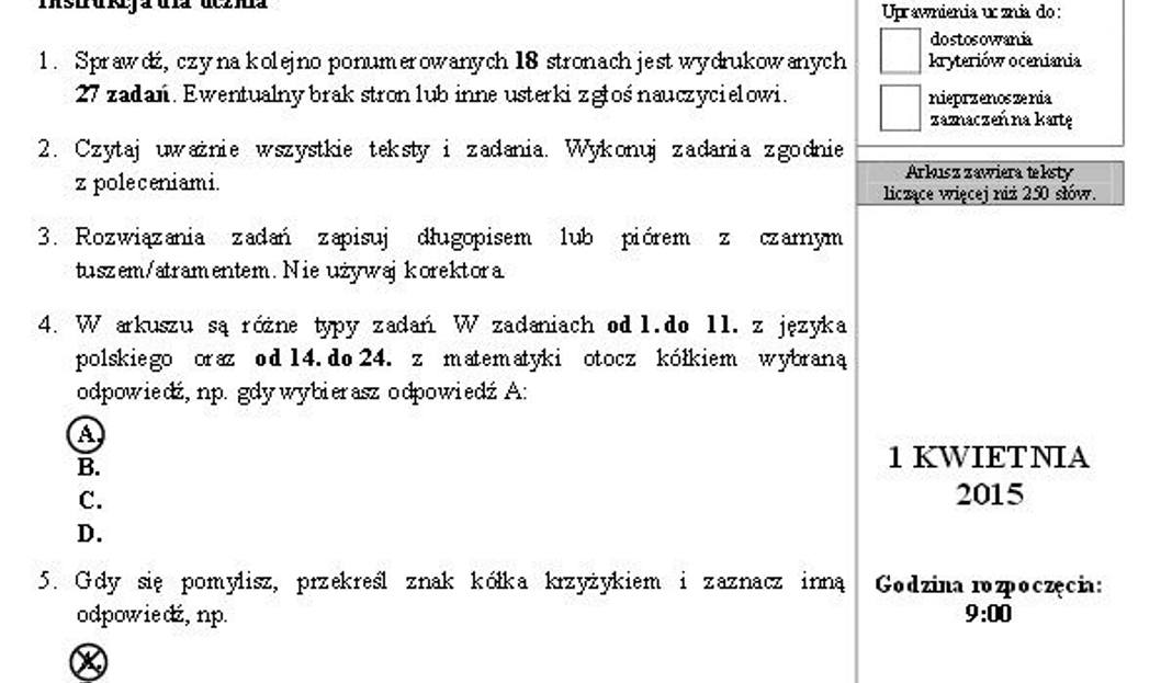 Sprawdzian szóstoklasisty 2015 spośród CKE dialekt polny także matematyka. Świstki gwoli sztubaków z autyzmem