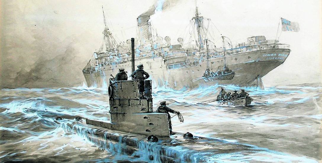 U-21 zatapia brytyjski statek, obraz niemieckiego malarza Willy Stöwera