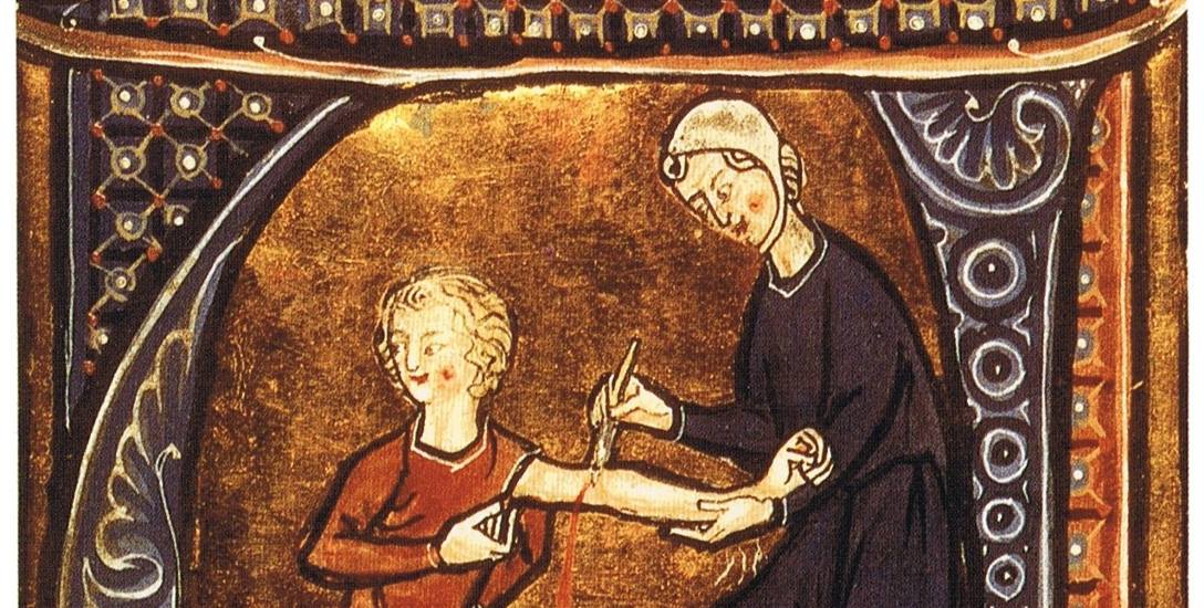 Rycina przedstawiająca upuszczanie krwi - popularny zabieg w średniowieczu