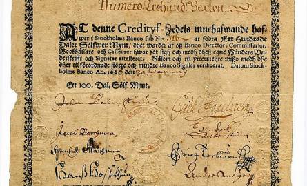 Jeden z pierwszych prawdziwnych banknotów świata- szwedzki talar. To właśnie potrzeba ułatwienia sobie przez Szwedów życia po wprowadzeniu- z konieczności-