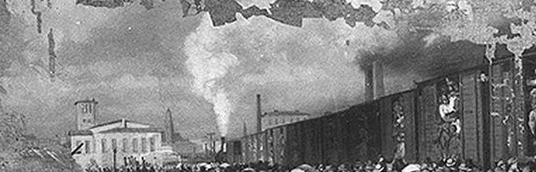 Rok 1866. Teren Dworca Świebodzkiego. Na ilustracji widać wyjazd rekrutów na wojnę z Austrią. W tle jedna z wież Dworca Marchijskiego oraz wieża bazyliki