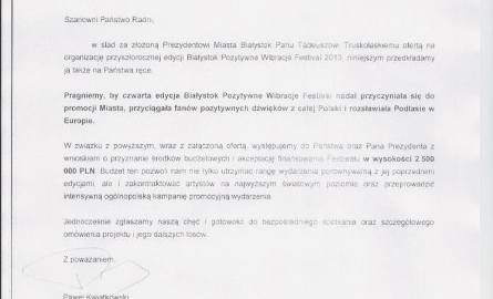 Kopia pisma opublikowana na Facebooku przez białostockiego radnego Rafała Rudnickiego.