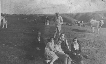 Pastwisko w Słońsku. Krowy pilnuje Teodor Dalawczuk, siedzą z prawej Kmieć Piotr oraz letnicy z Drohobycza - rok 1930