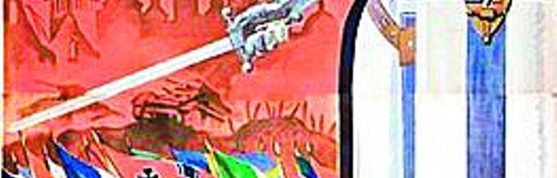 Plakat rekrutacyjny przedstawiający średniowiecznego rycerza i flagi wszystkich europejskich krajów, których armie uczestniczyły w bojach na froncie